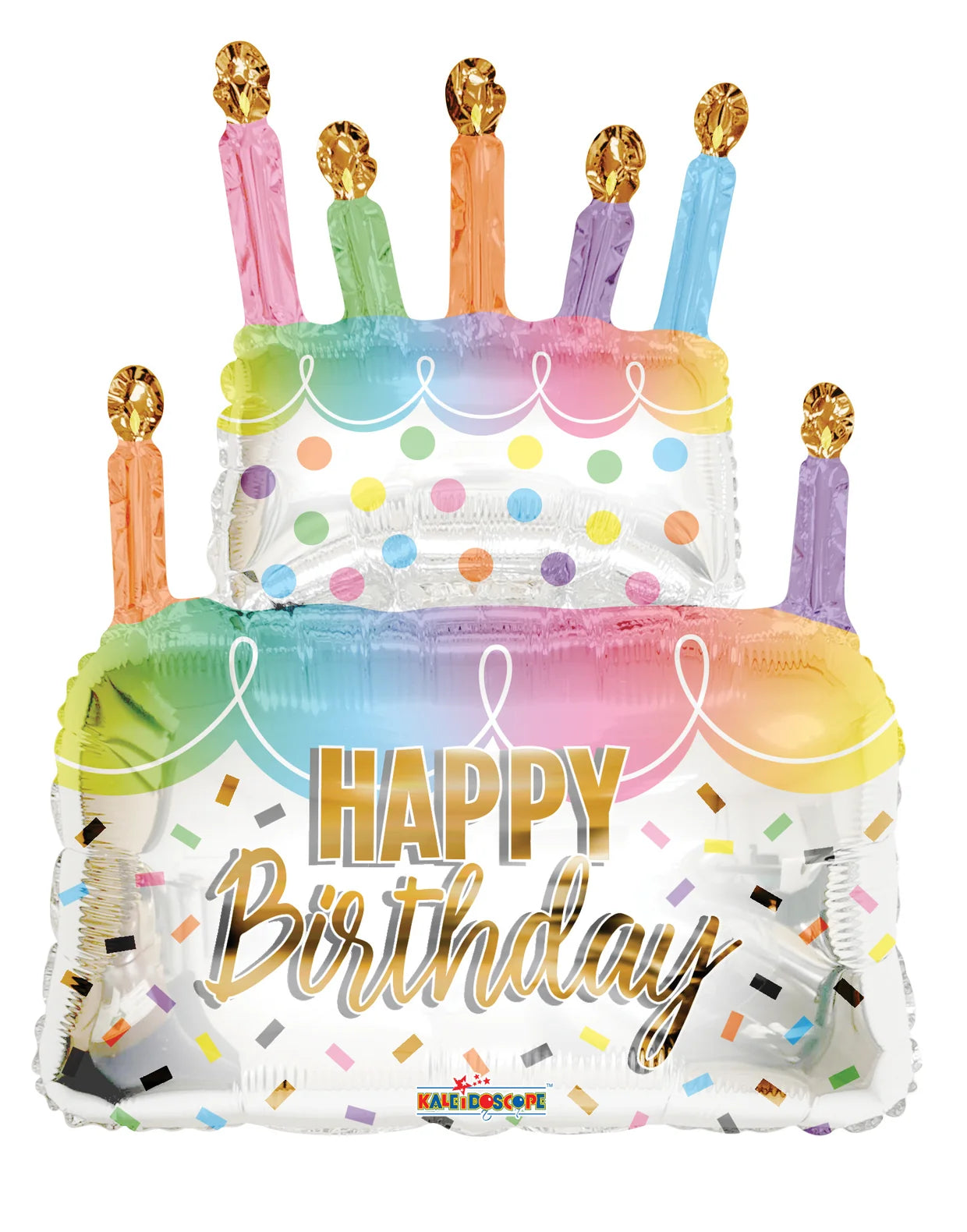 Colorful birthday cake helium balloon with candles and 'Happy Birthday' text on a white background