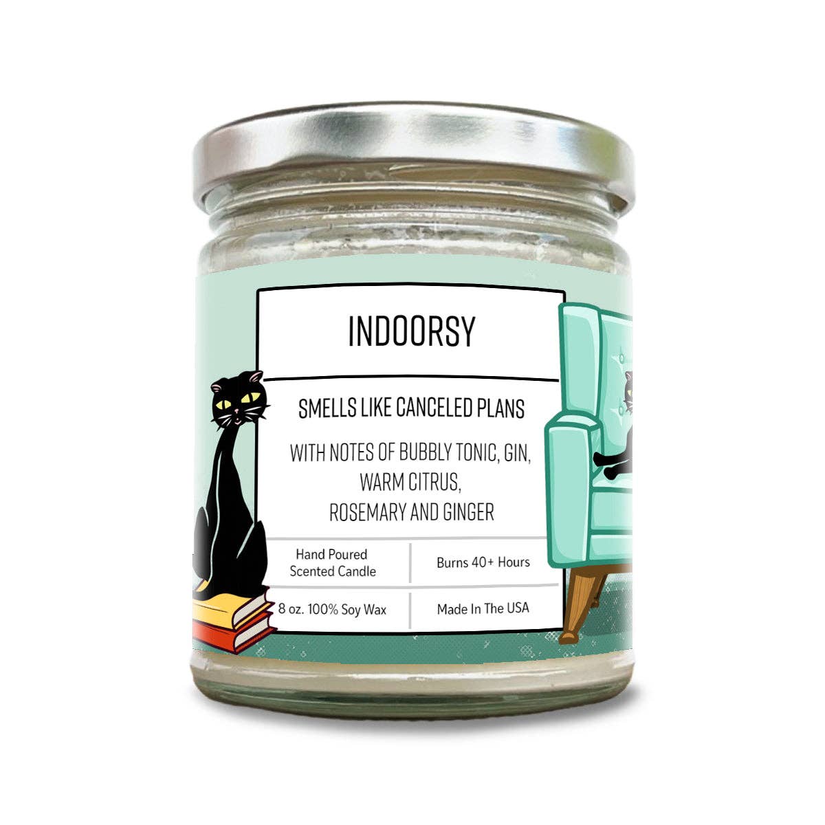 Candle jar with a label featuring the word 'Indoorsy' and a cat and armchair illustration on a white background