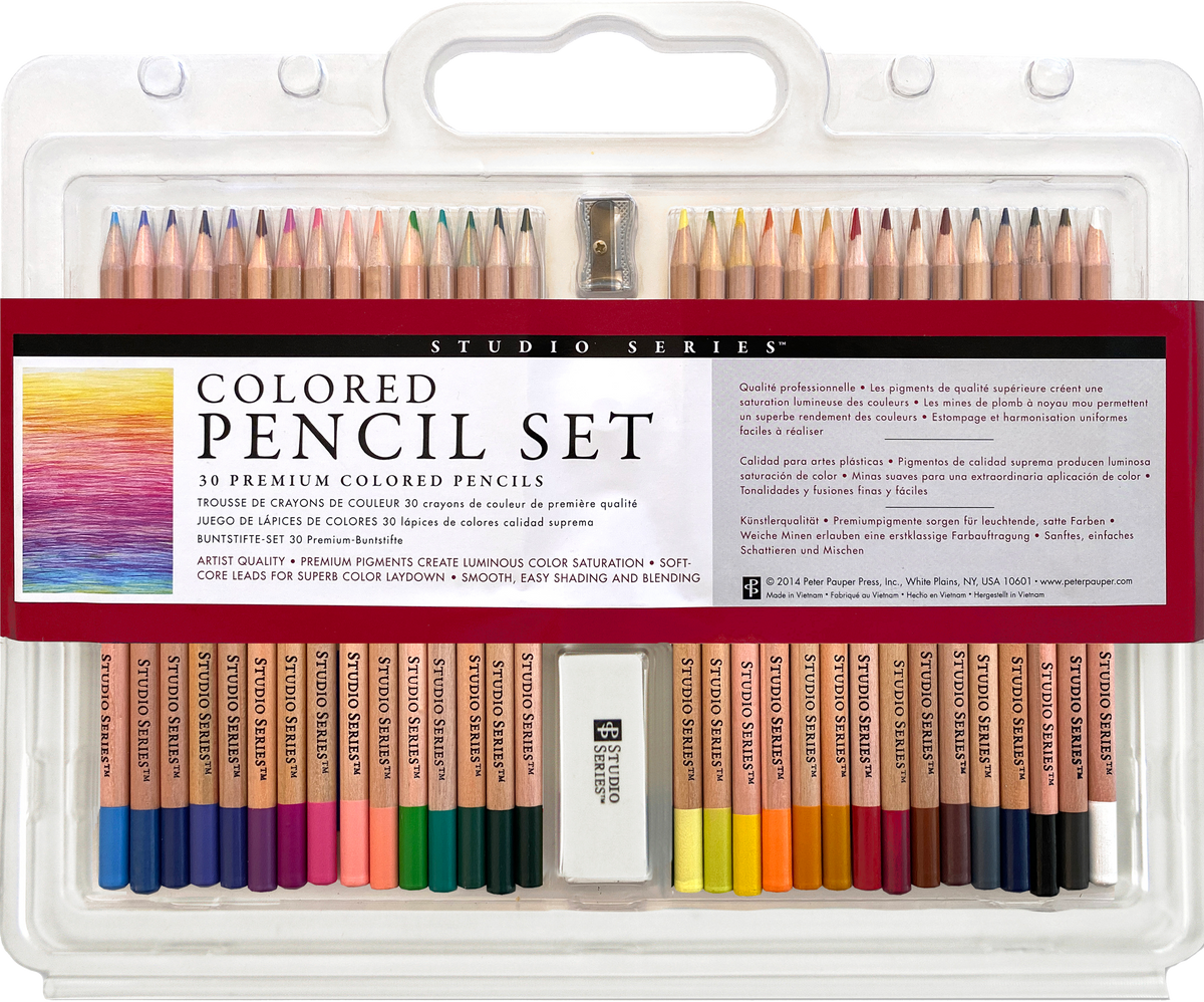 Set of colored pencils in a packaging with a sharpener and eraser.