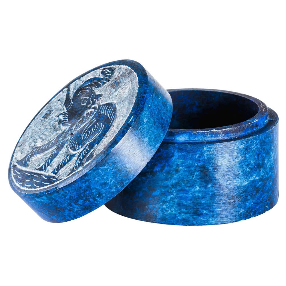 Blue decorative jewelry box with a lid featuring an engraved elephant design on a white background