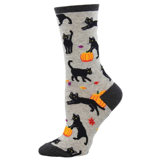 Gray sock with black cat and pumpkin design on a white background