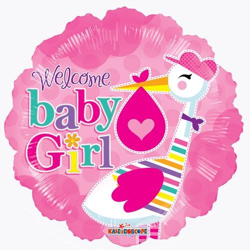 18" Welcome Baby Girl Stork Circle Mylar Balloon