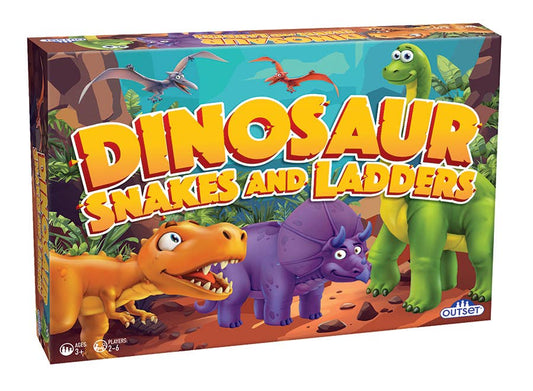 Board game box for 'Dinosaur Snakes and Ladders' with colorful dinosaur illustrations on a white background.