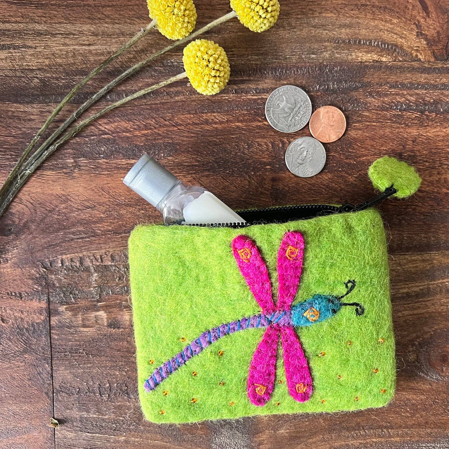 Handcrafted Dragonfly Felt Zipper Pouch