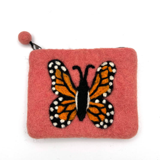 Monarch Butterfly Felt Coin Purse: Coral