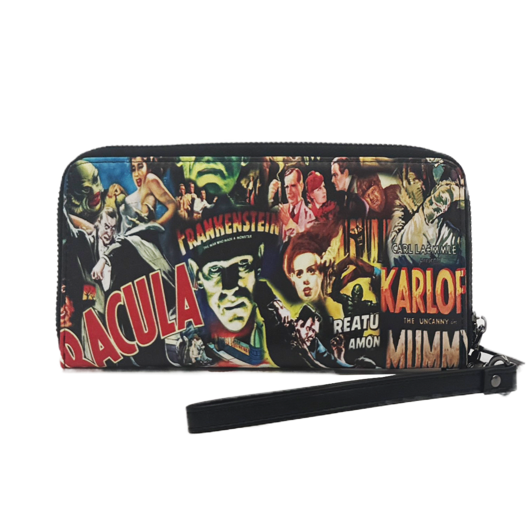 Wristlet wallet with vintage movie poster design featuring famous monsters on a white background