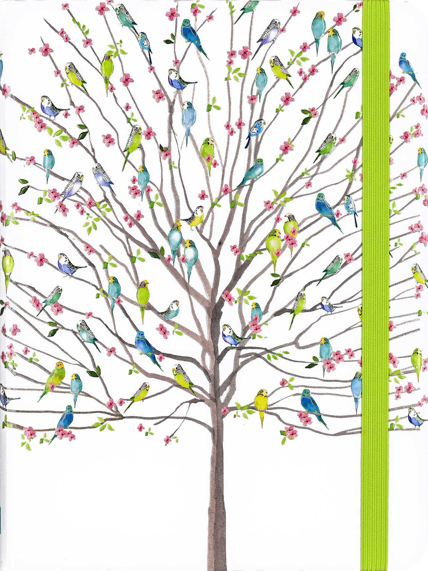 Journal with a colorful tree design featuring birds and flowers on a white background.