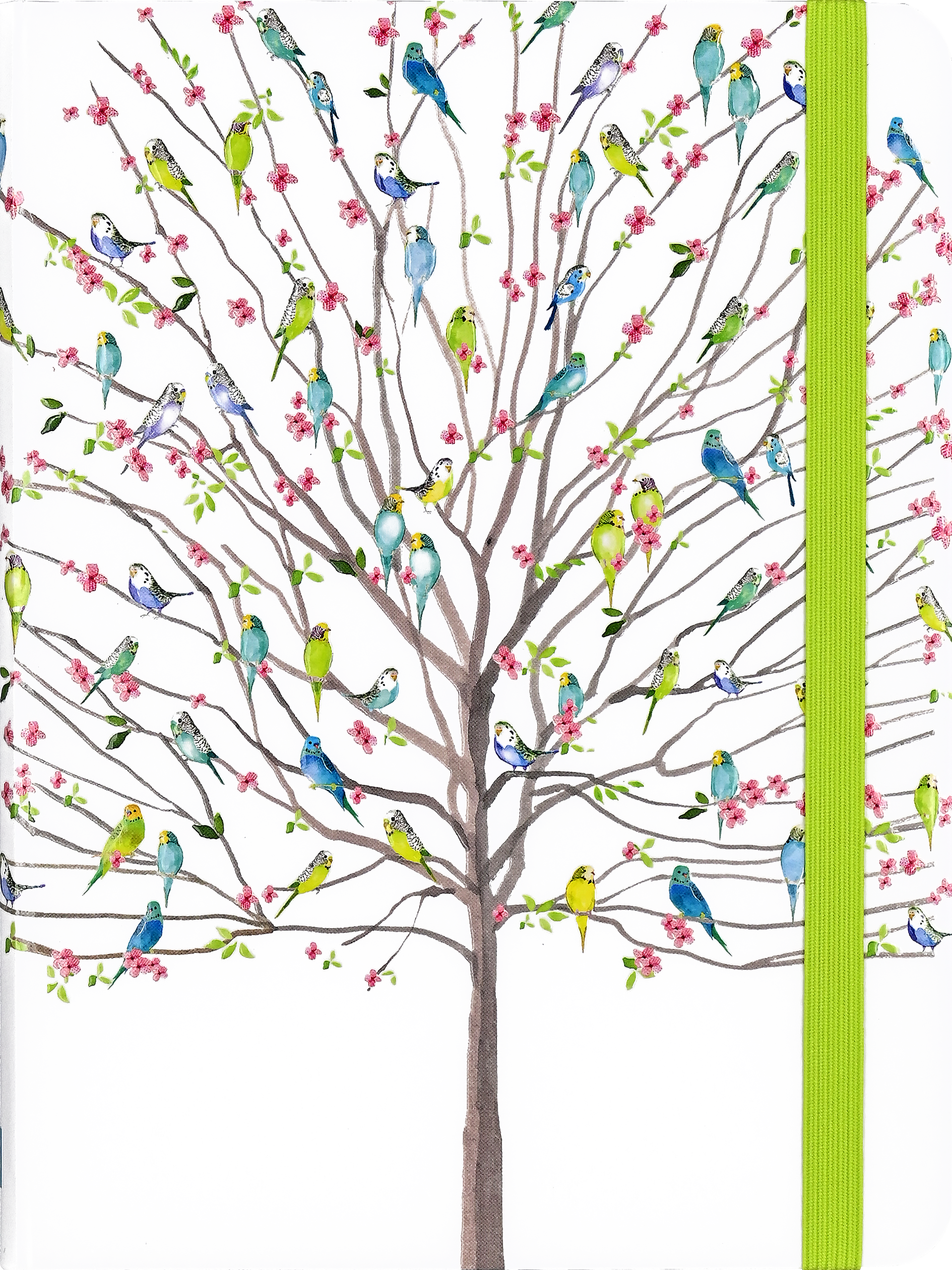 Journal with a colorful tree design featuring birds and flowers on a white background.