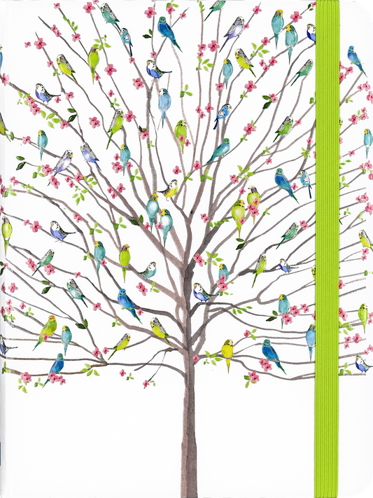 Journal with a colorful tree design featuring birds and flowers on a white background.