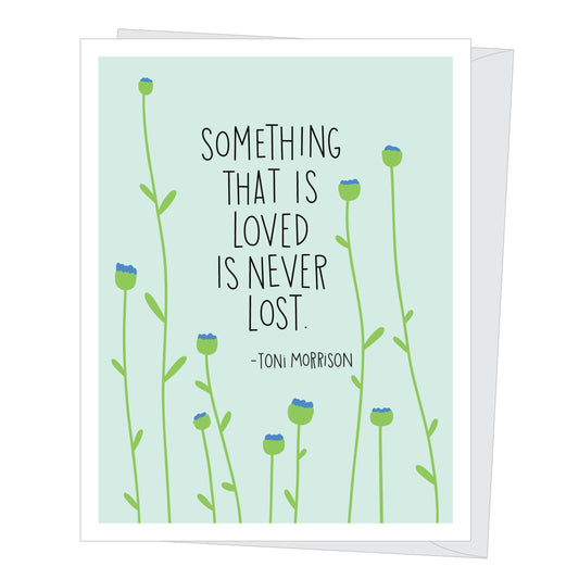 Card with floral design and quote by Toni Morrison on a light green background
