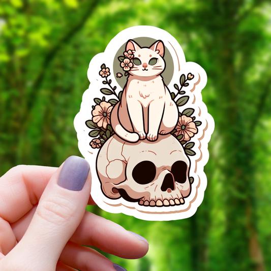 Cottagecore Cat on Skull Sticker