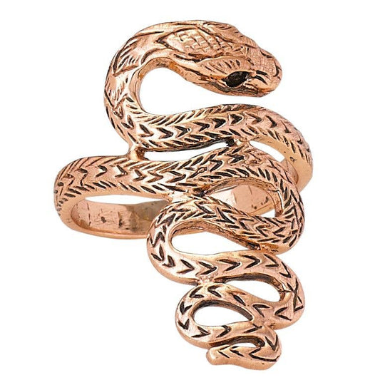 A copper snake wrap ring with detailed textured scales, shown on a plain white background.