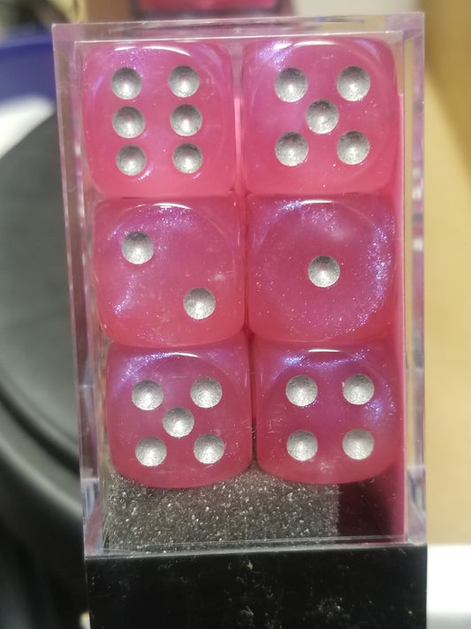 CHX 27604 16mm Block Borealis Pink w/ Silver Pips Dice Set Chessex