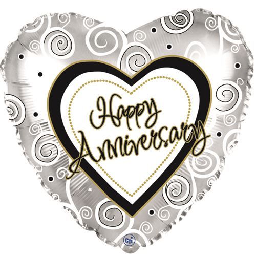 18" Heart Happy Anniversary Swirls Silver foil Balloon