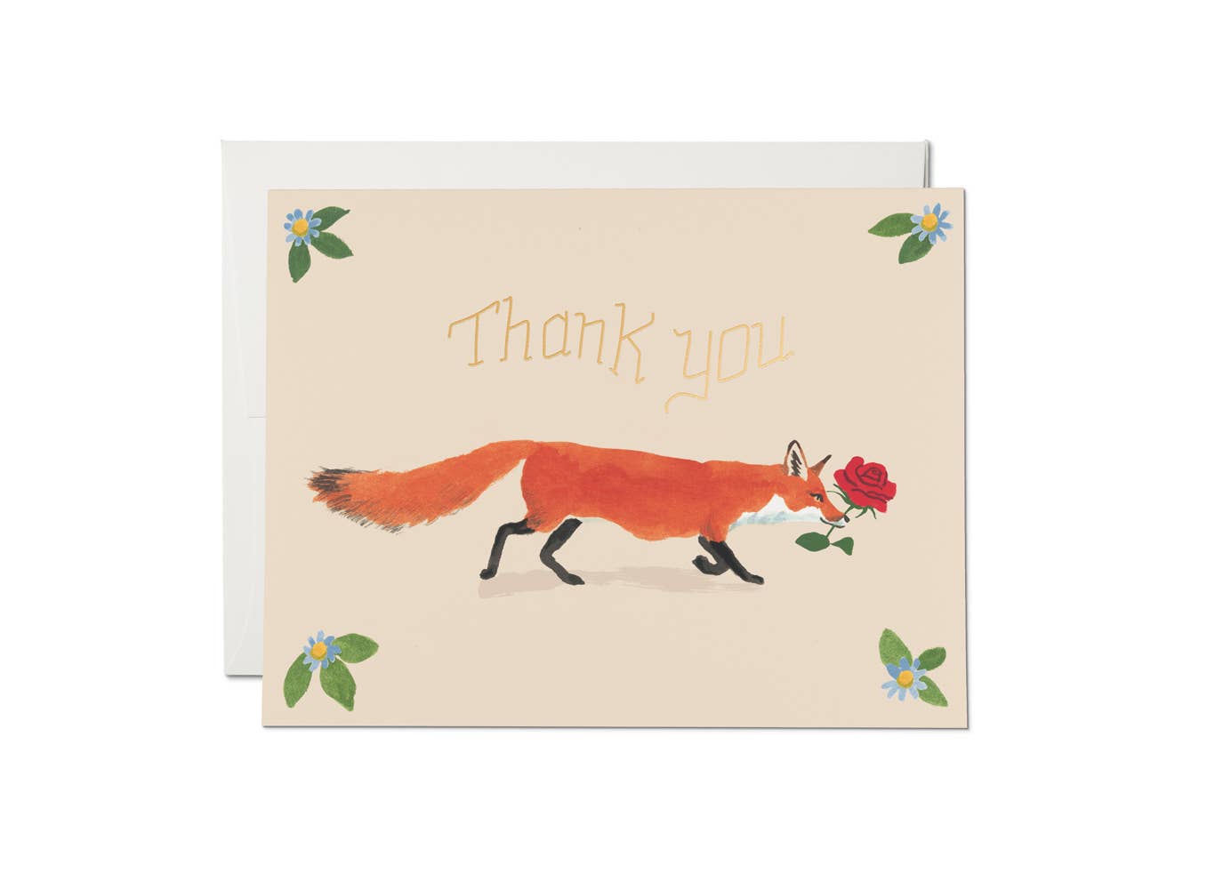 Greeting card with a fox holding a rose and 'Thank you' text on a beige background.