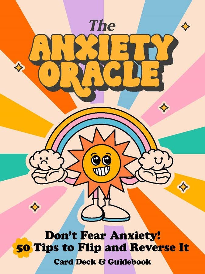 Cover of 'The Anxiety Oracle' with a colorful design featuring a sun character and rainbow.