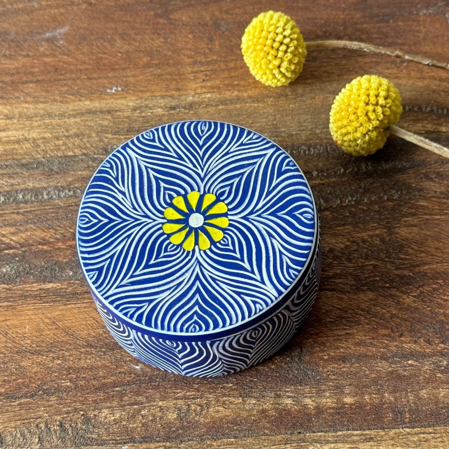 Soapstone Blue Round Container with Yellow Flower Accent