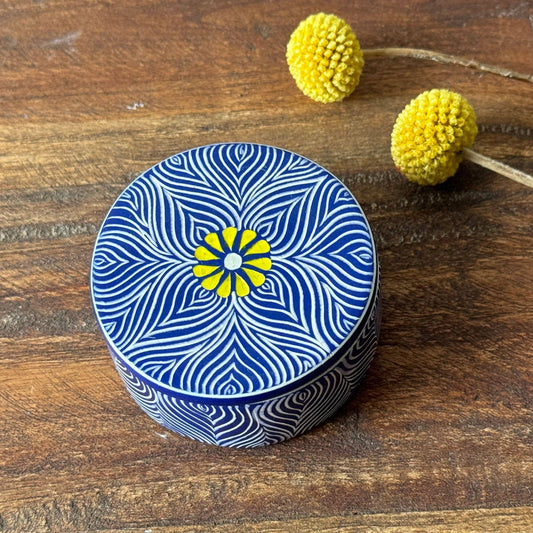 Soapstone Blue Round Container with Yellow Flower Accent