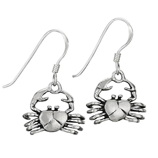 Silver crab-shaped earrings on a white background