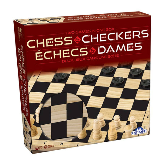 Board game box for Chess and Checkers with checkered design and chess pieces.