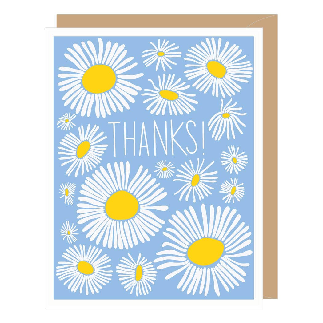 Greeting card with daisy flowers and 'THANKS!' text on a blue background