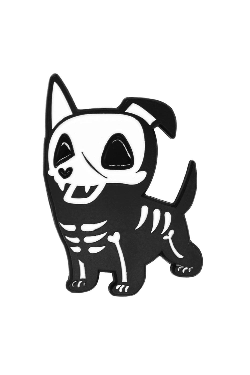 A black and white dog pin with a skeleton motif, shown on a plain white background.