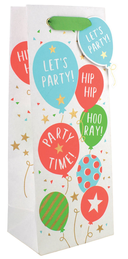 Bottle gift bag with colorful party-themed text and balloons on a white background.