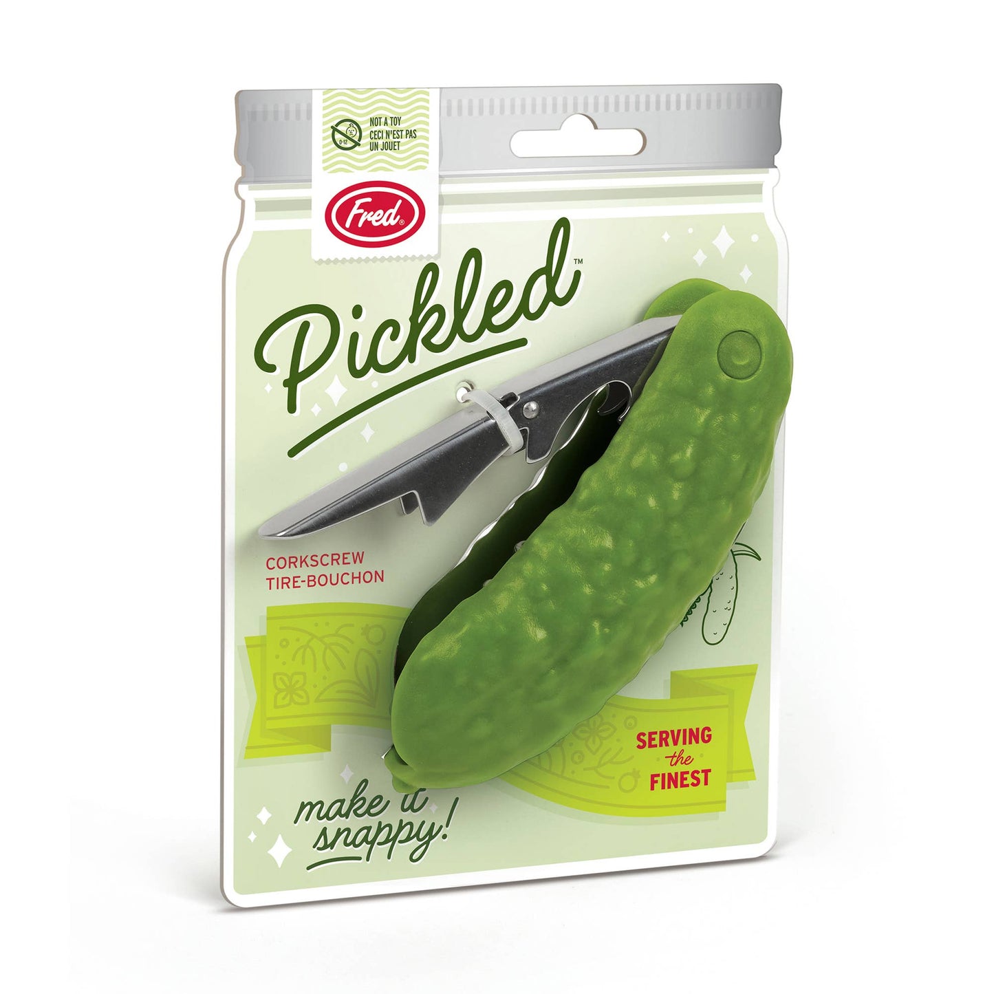 Green corkscrew shaped like a pickle with packaging labeled 'Pickled' on a white background.