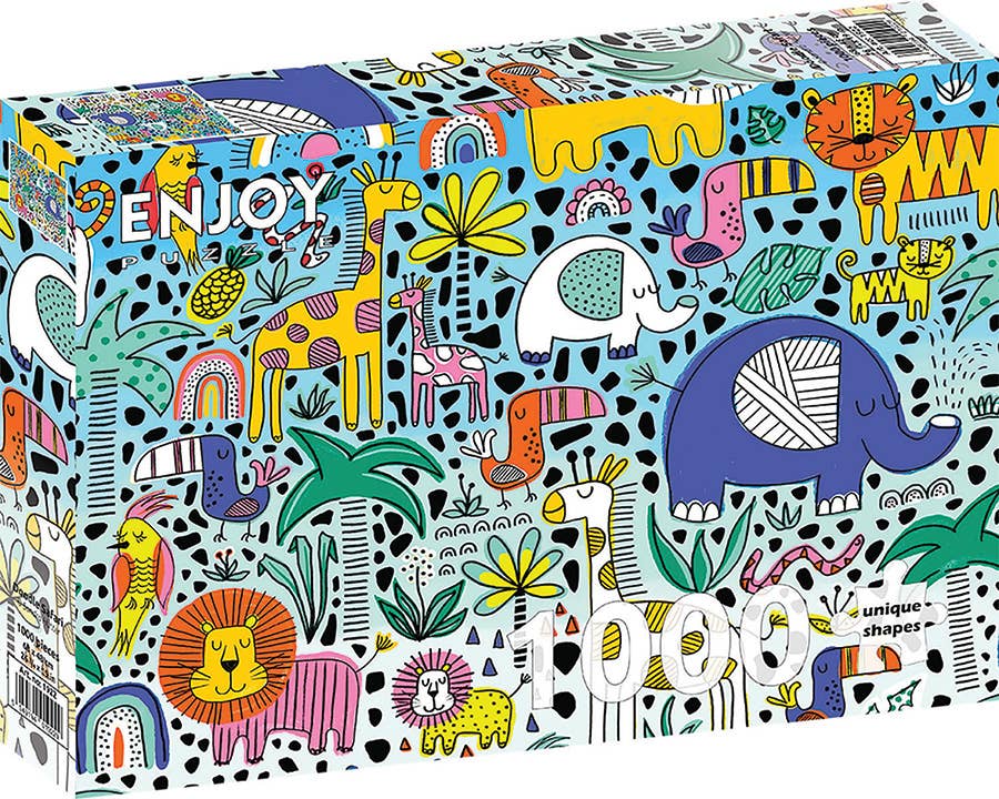 A 1000-piece jigsaw puzzle box featuring a vibrant, hand-drawn jungle illustration with colorful animals and patterns on a light blue background.