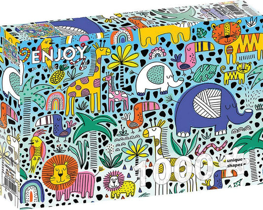 A 1000-piece jigsaw puzzle box featuring a vibrant, hand-drawn jungle illustration with colorful animals and patterns on a light blue background.