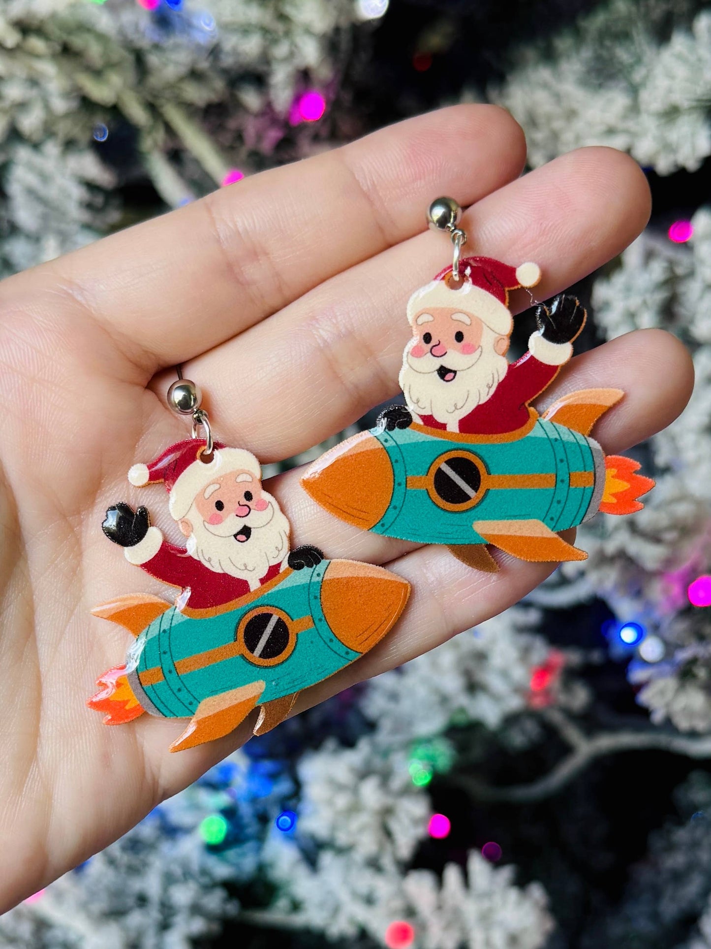 Retro Vintage Santa Claus Rocket Christmas Dangle Earrings
