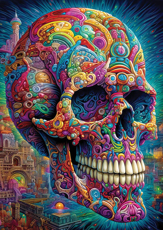 1000 piece jigsaw puzzle with a Colorful psychedelic skull design with intricate patterns against a fantasy cityscape background.