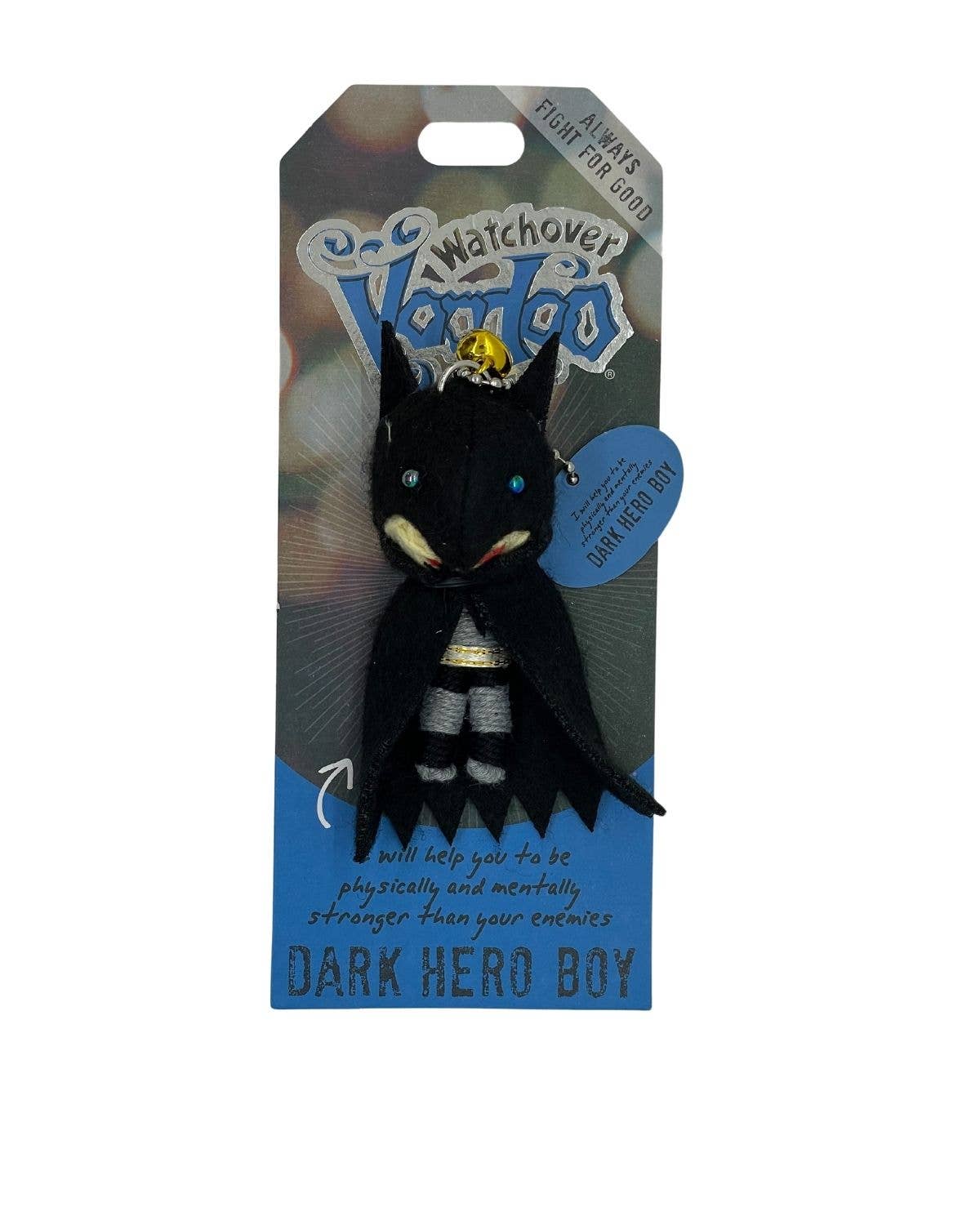 Plush Dark Hero charm resembling a dark superhero in packaging with 'Watchover' branding.