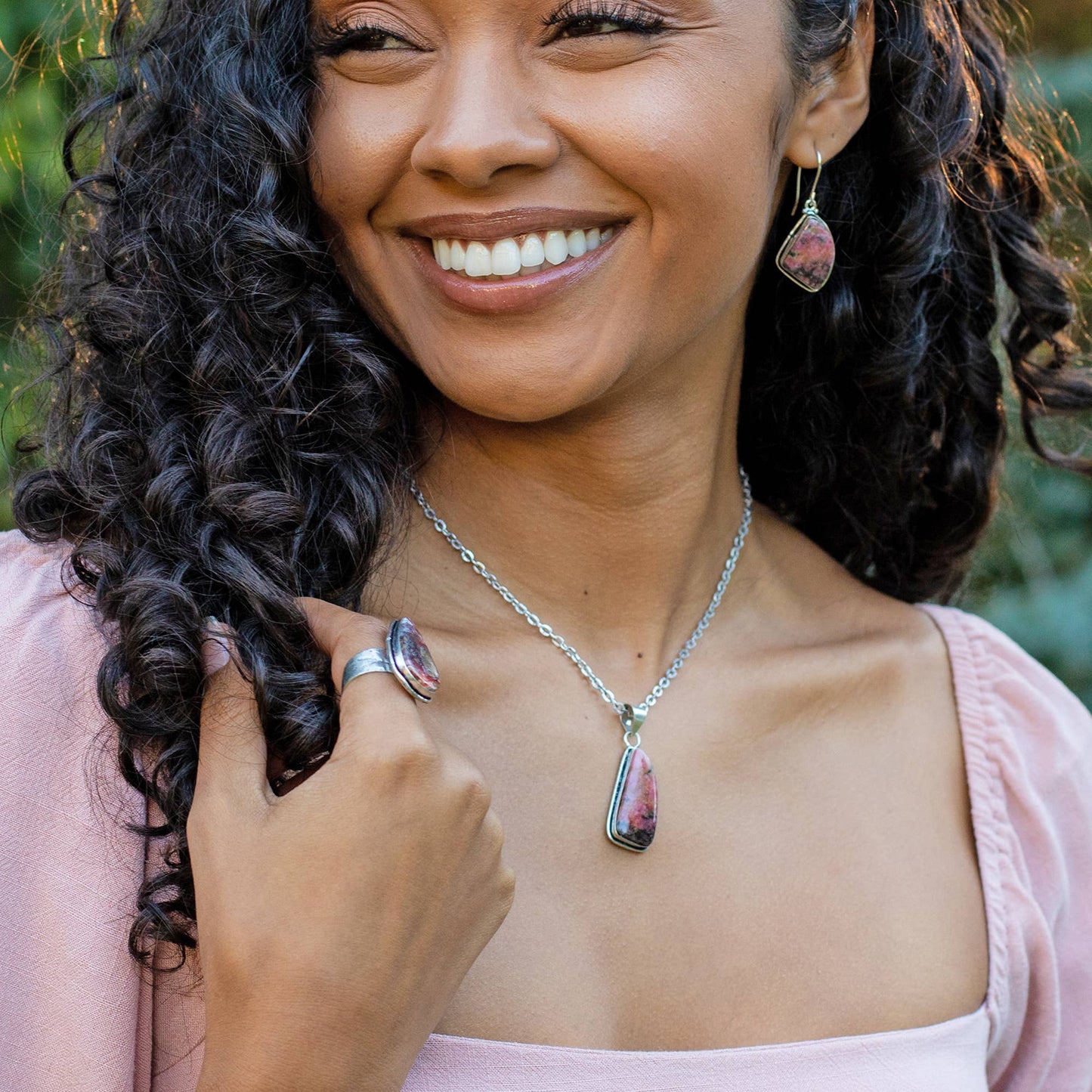 Rhodonite Semiprecious Large Stone Necklace
