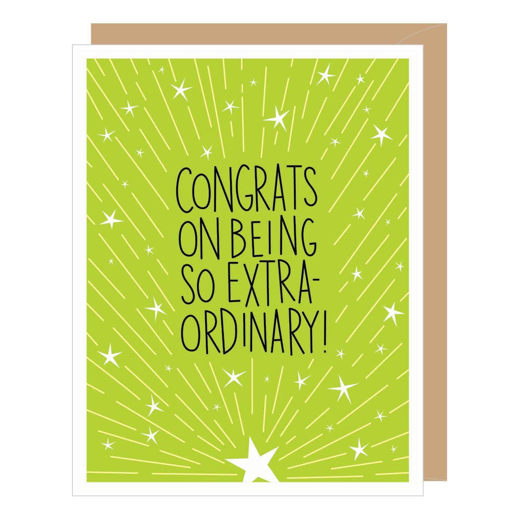 Greeting card with 'Congrats on being so extraordinary!' text on a green background with star patterns.