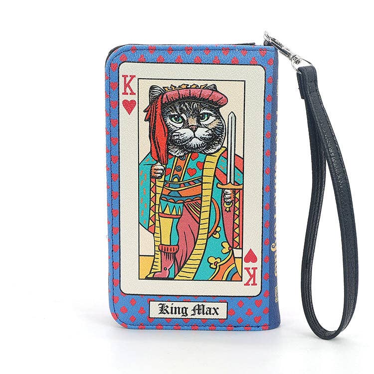Wristlet wallet with a cat-themed king of hearts playing card design on a white background
