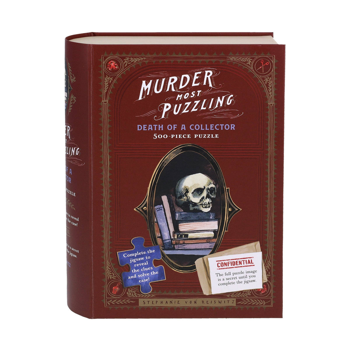 Book-shaped 300-piece puzzle box with skull and books illustration on a white background