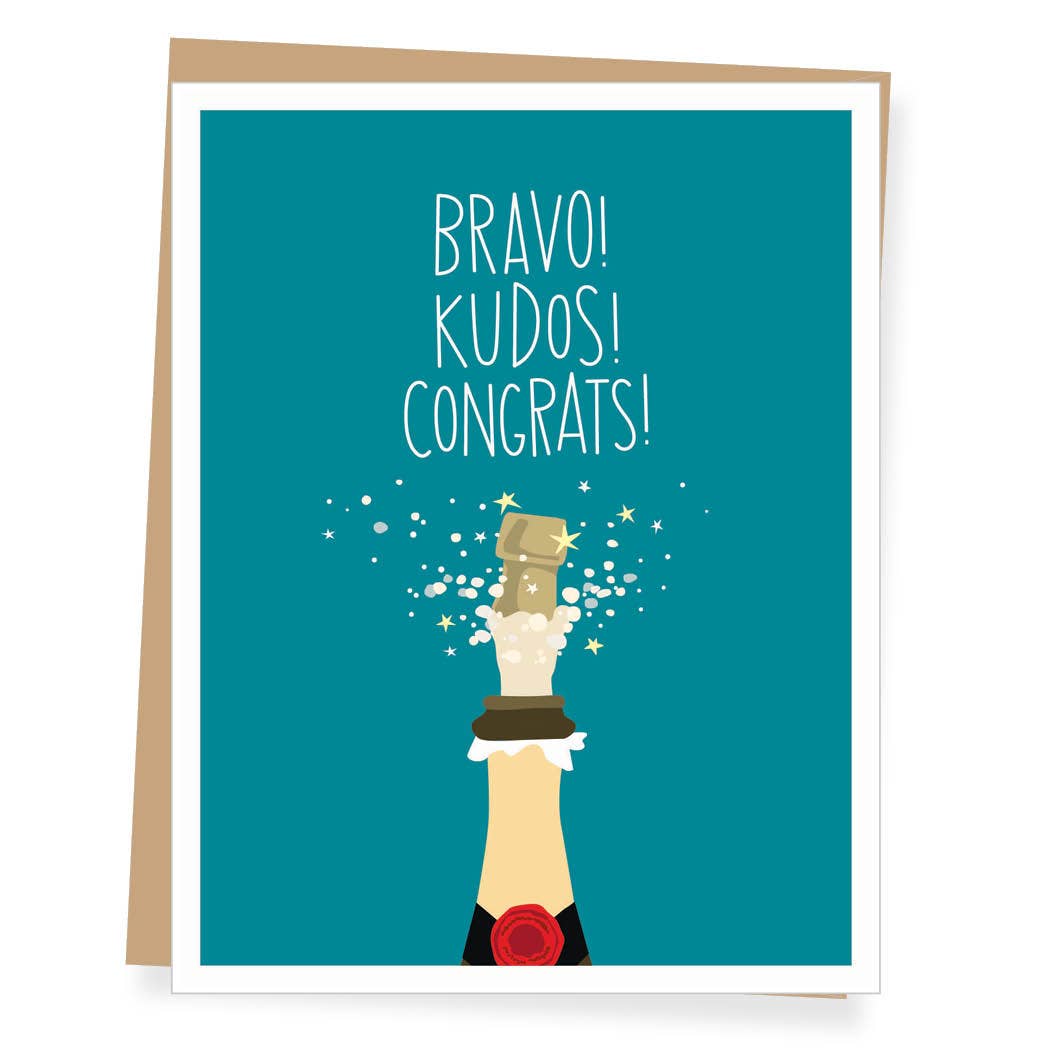 Greeting card with a champagne bottle illustration and 'Bravo! Kudos! Congrats!' text on a teal background.