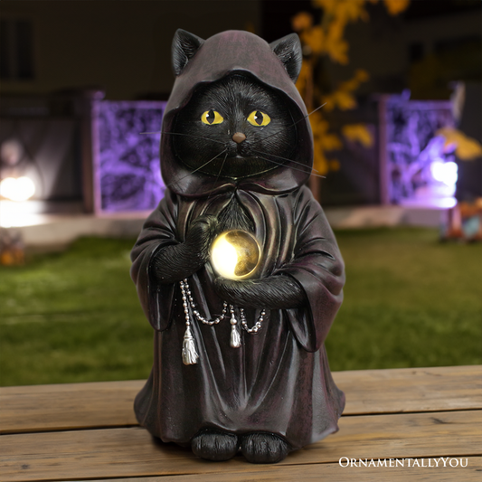 Ominious Black Cat Wizard Figurine, 7" Solar Light