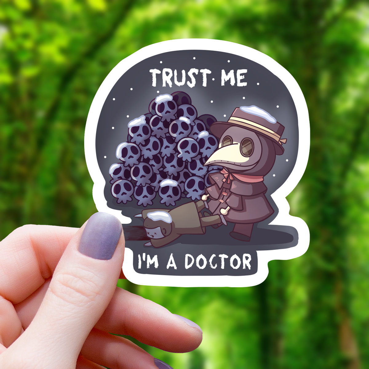 A cute witch doctor sticker next to a pile of skulls on a blurred green background.