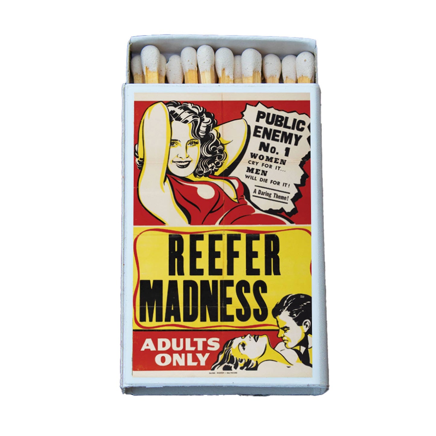 Matchbox with vintage-style packaging featuring graphics and text on a white background