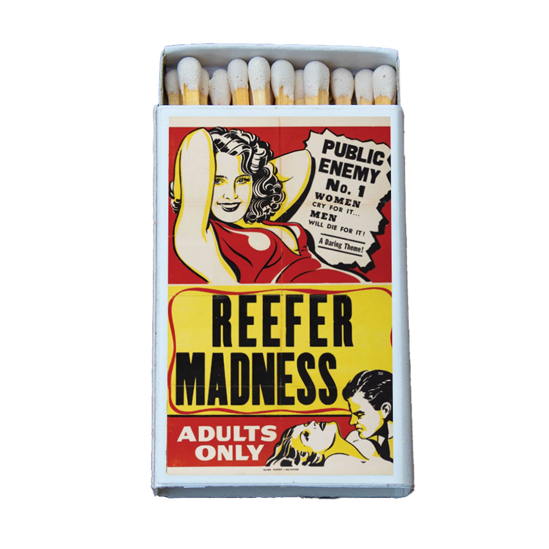 Matchbox with vintage-style packaging featuring graphics and text on a white background