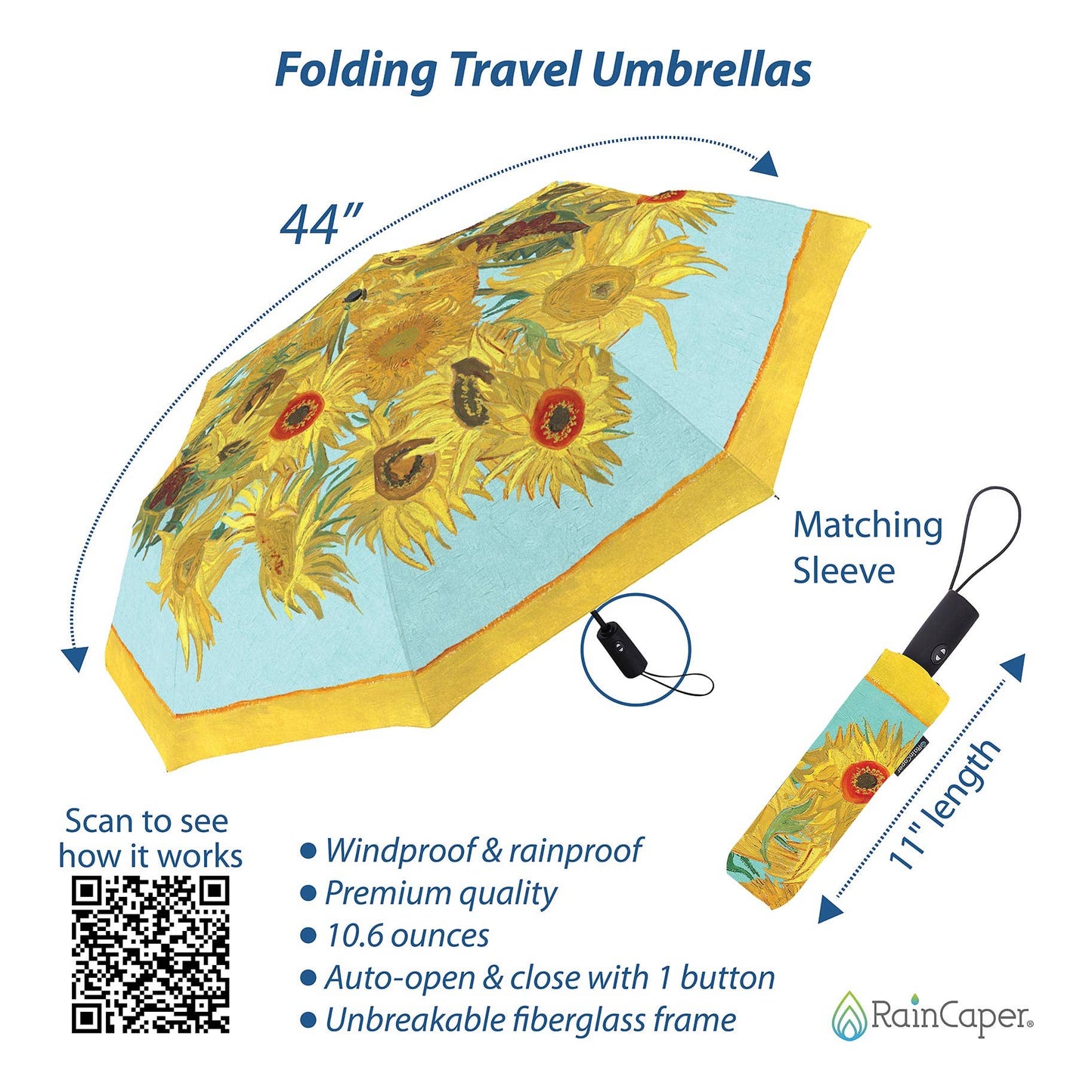 RainCaper van Gogh Sunflowers Folding Travel Umbrella