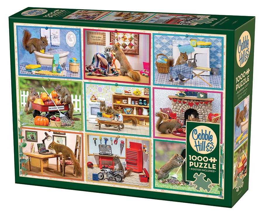 Cobble Hill 1000 piece puzzle box with images of  squirrels doing various activities
