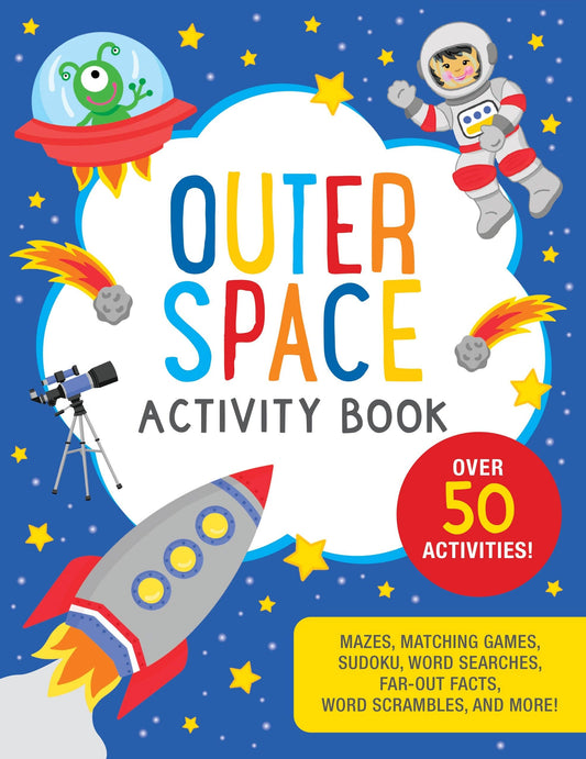 Cover of an outer space activity book with colorful text and space-themed illustrations.