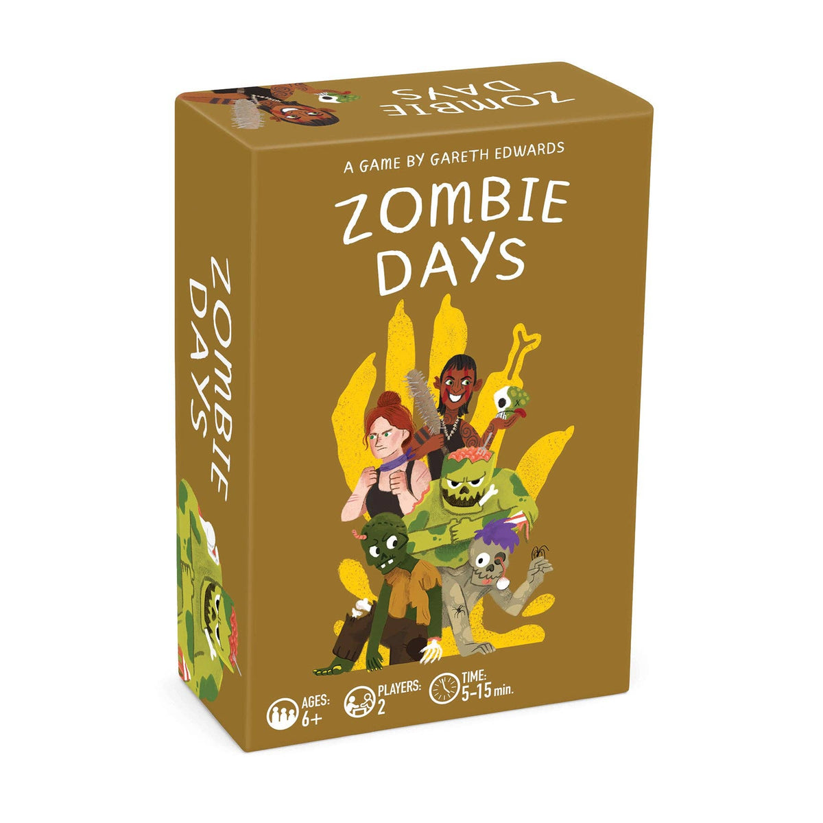 Zombie Days board game box on a plain white background. The box is brown with white title text and colorful cartoon zombie characters on the front and side.