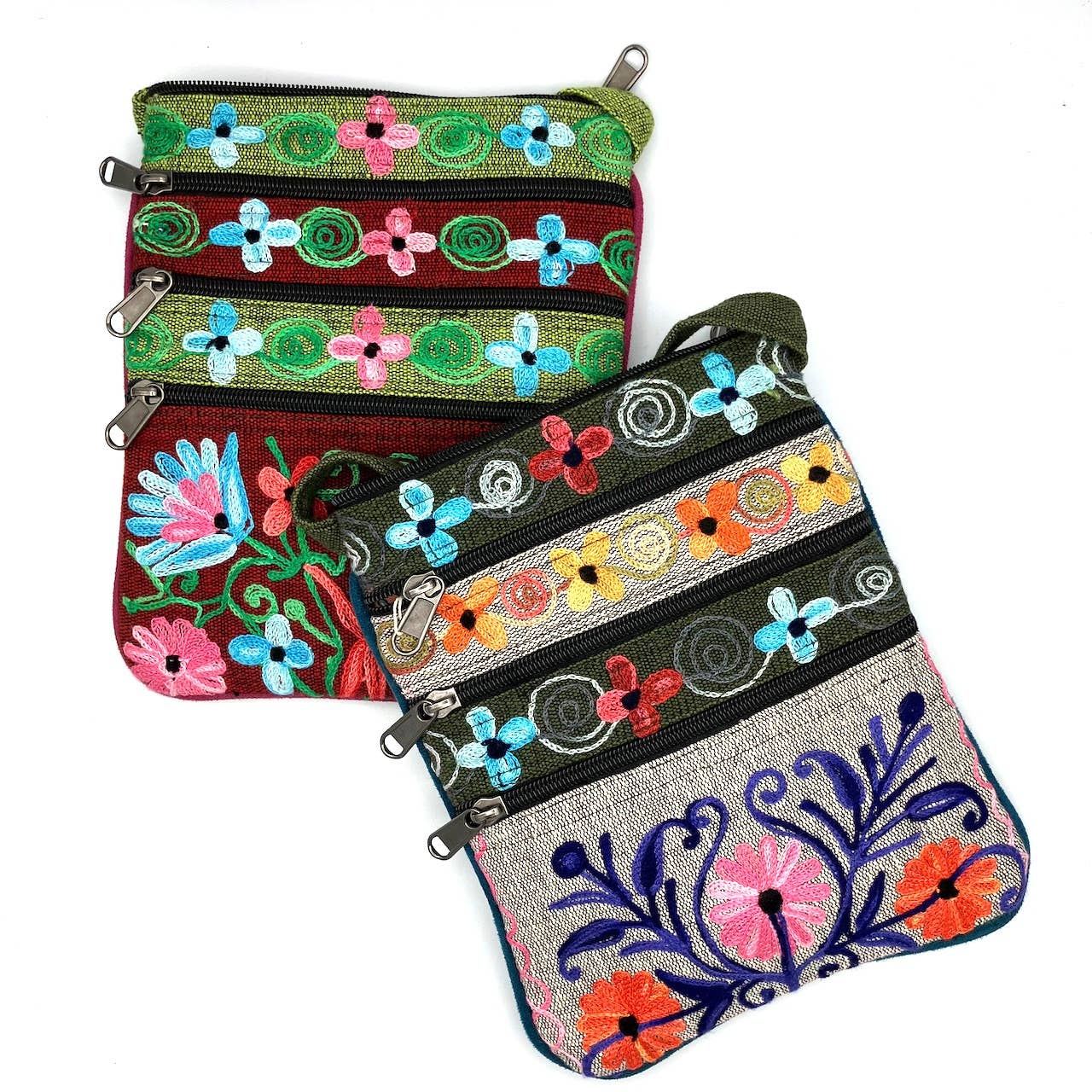 Embroidered Floral 5-Zip Crossbody Bag