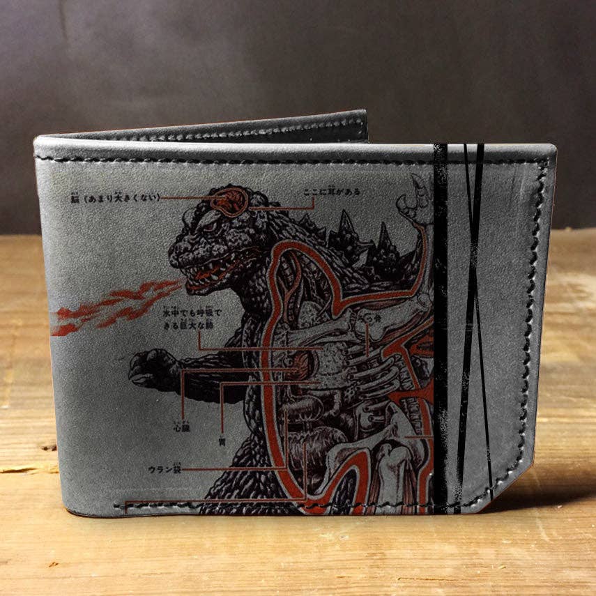 Gray wallet with Godzilla design on a wooden surface