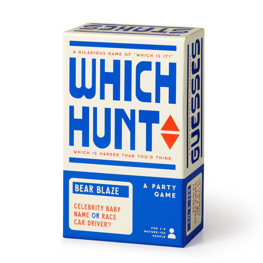 Box of 'Which Hunt' party game on a white background