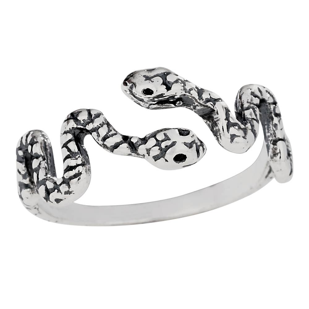 Silver two snake heads shaped ring on a white background